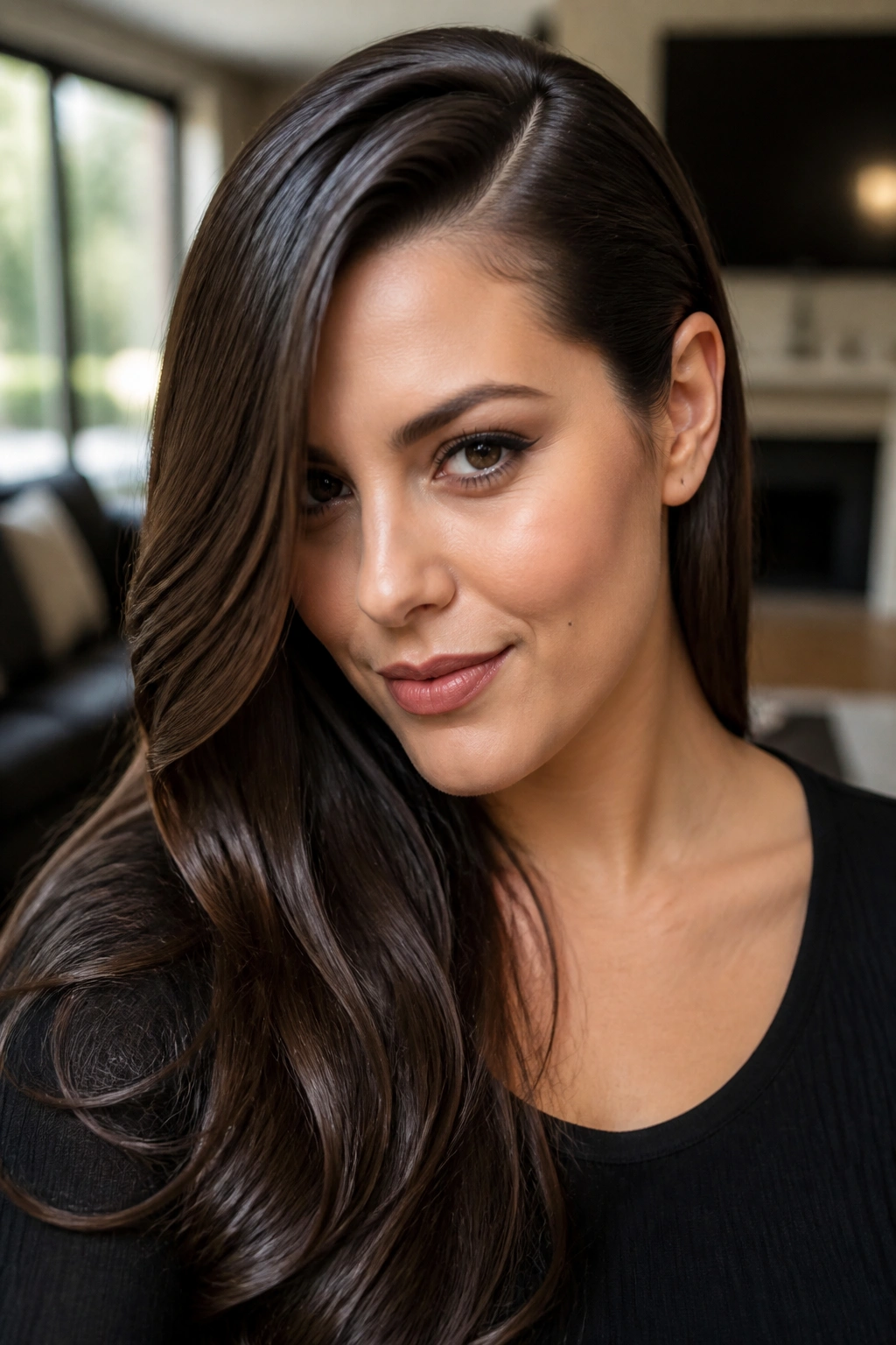 Close-up deep side part with glossy finish on thick hair
