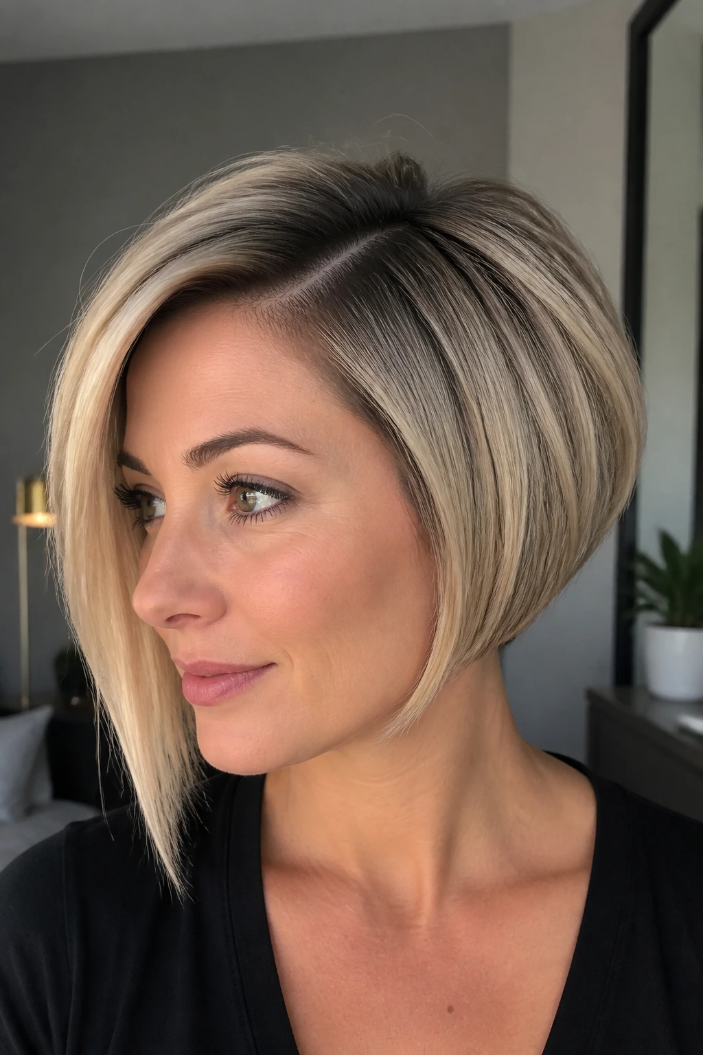 Portrait of a woman with a deep side part and graduated bob