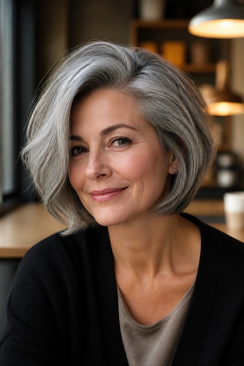 Real woman with deep side-part gray bob and crown volume in warm coffee shop light.