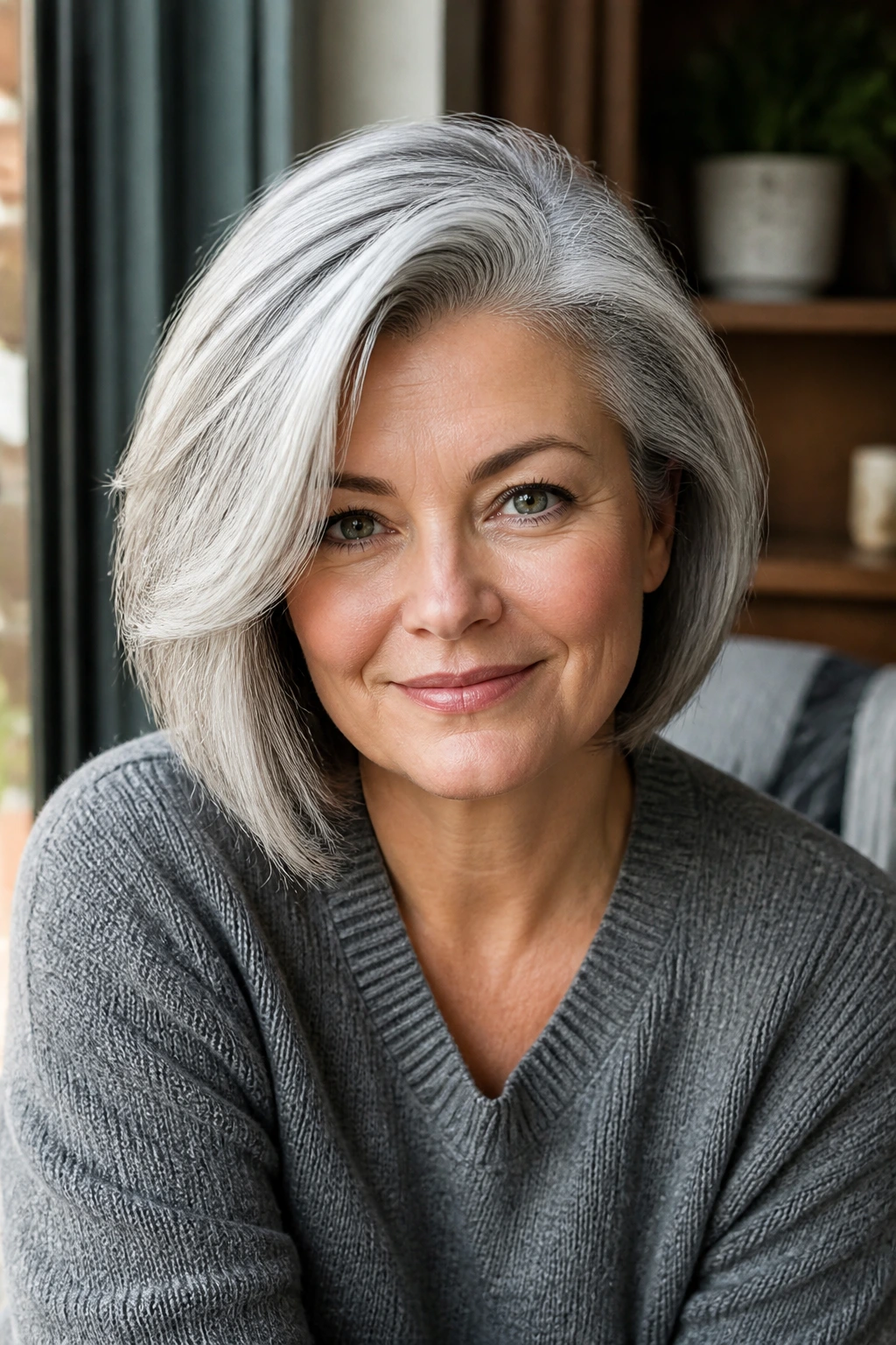 Portrait of a real person with a deep side part on gray hair.
