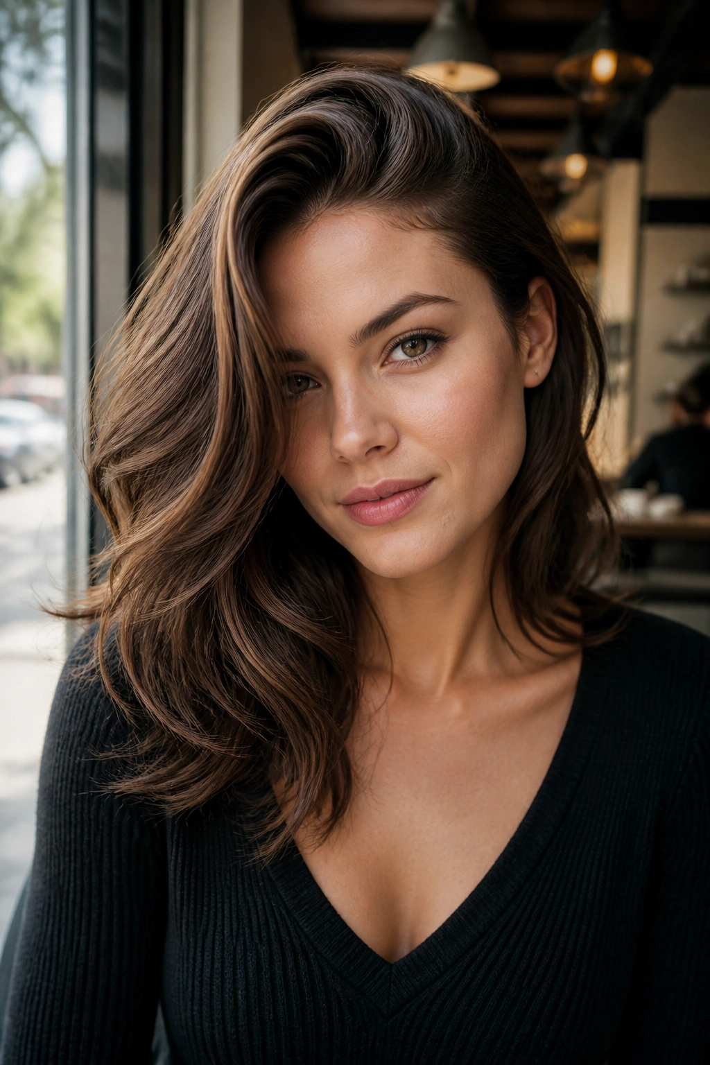 Real woman with deep off-center part flattering square features.