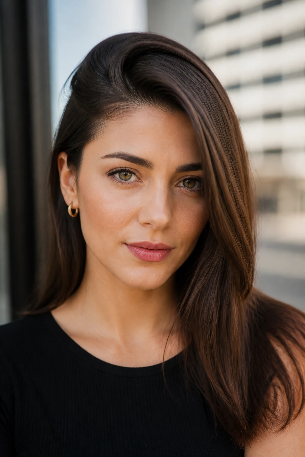 Portrait of a woman with a deep side part and lifted crown.