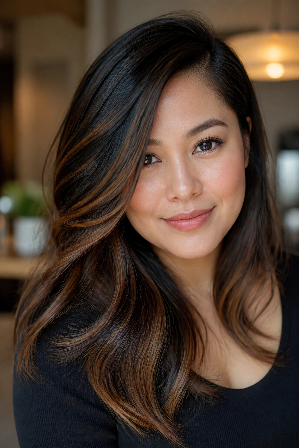 Portrait of a real woman with a deep side part and black highlights on the heavier side