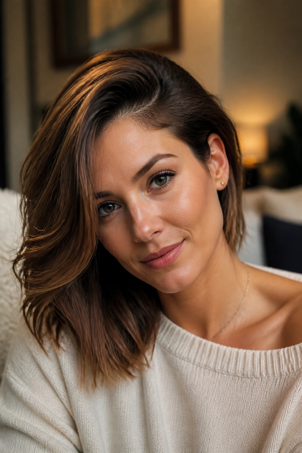 Portrait of a woman with a deep side part and volume on the heavier side
