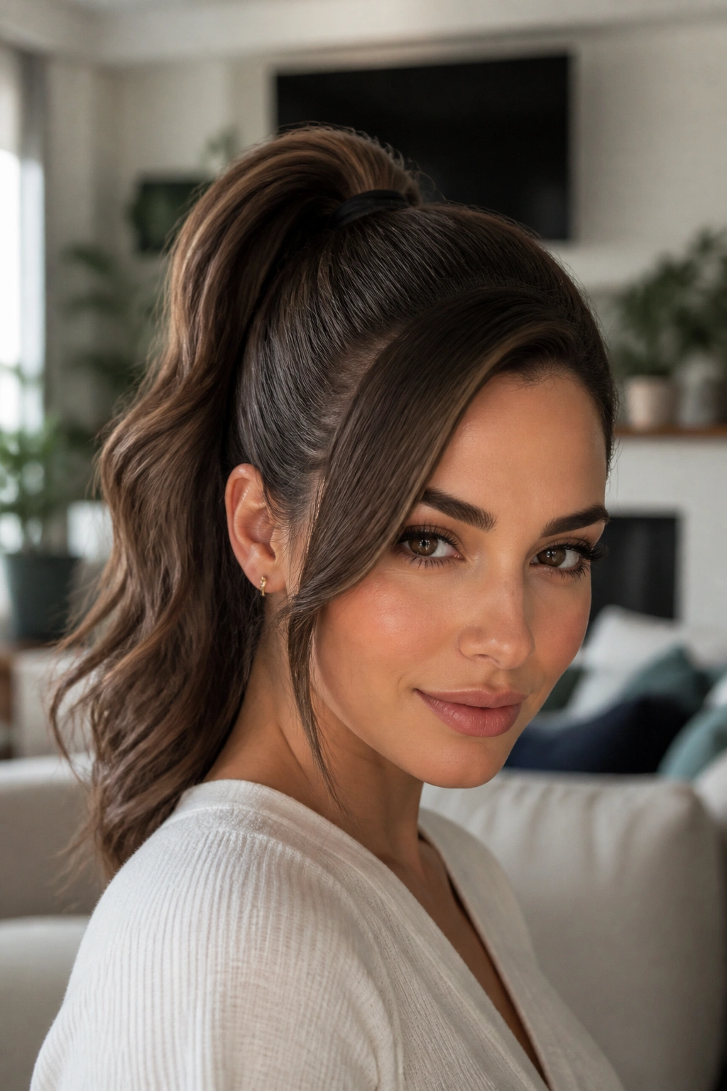 Close-up of a woman with a deep side part high ponytail and swept front piece.