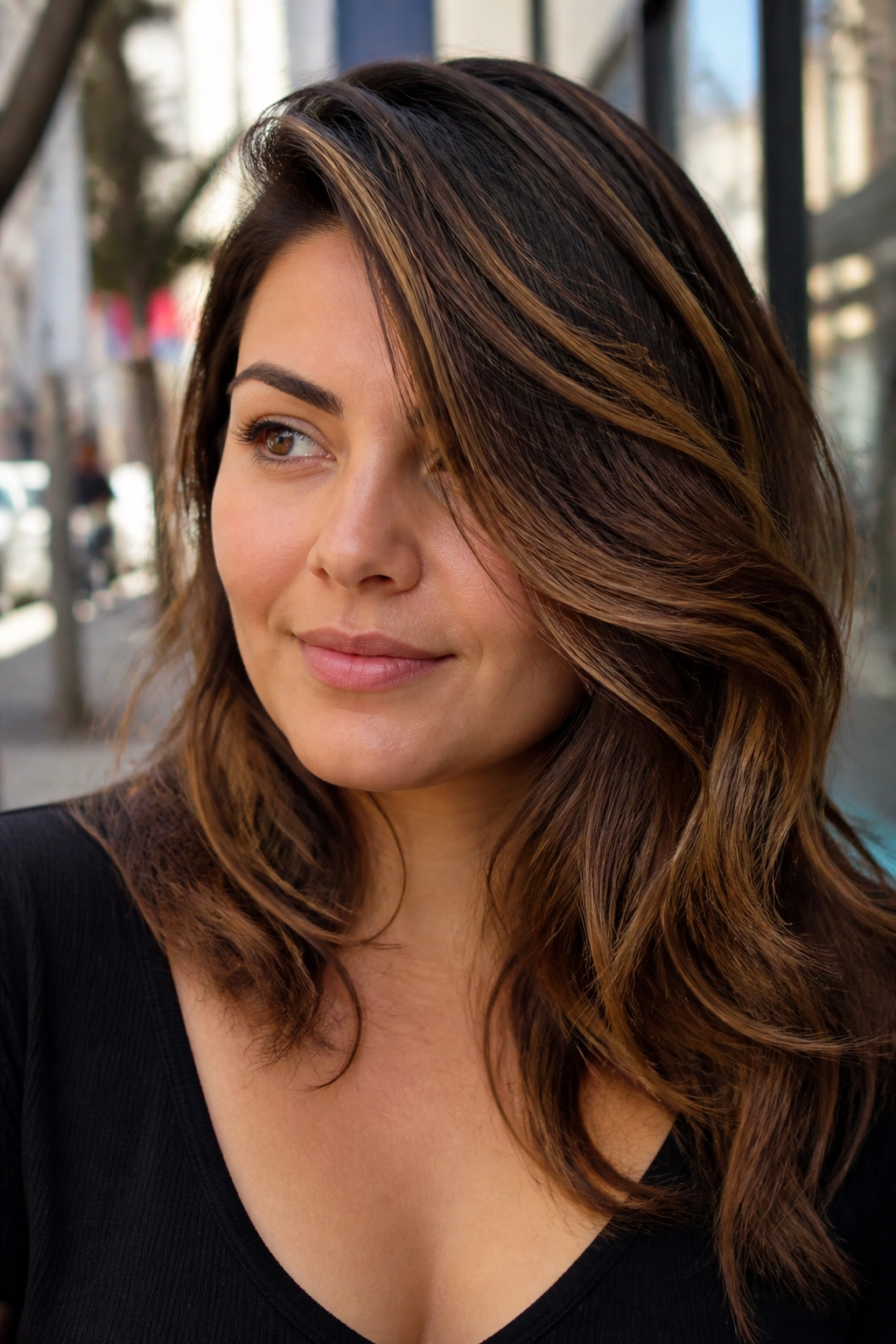 Portrait of a woman with a deep side-part and brown highlights