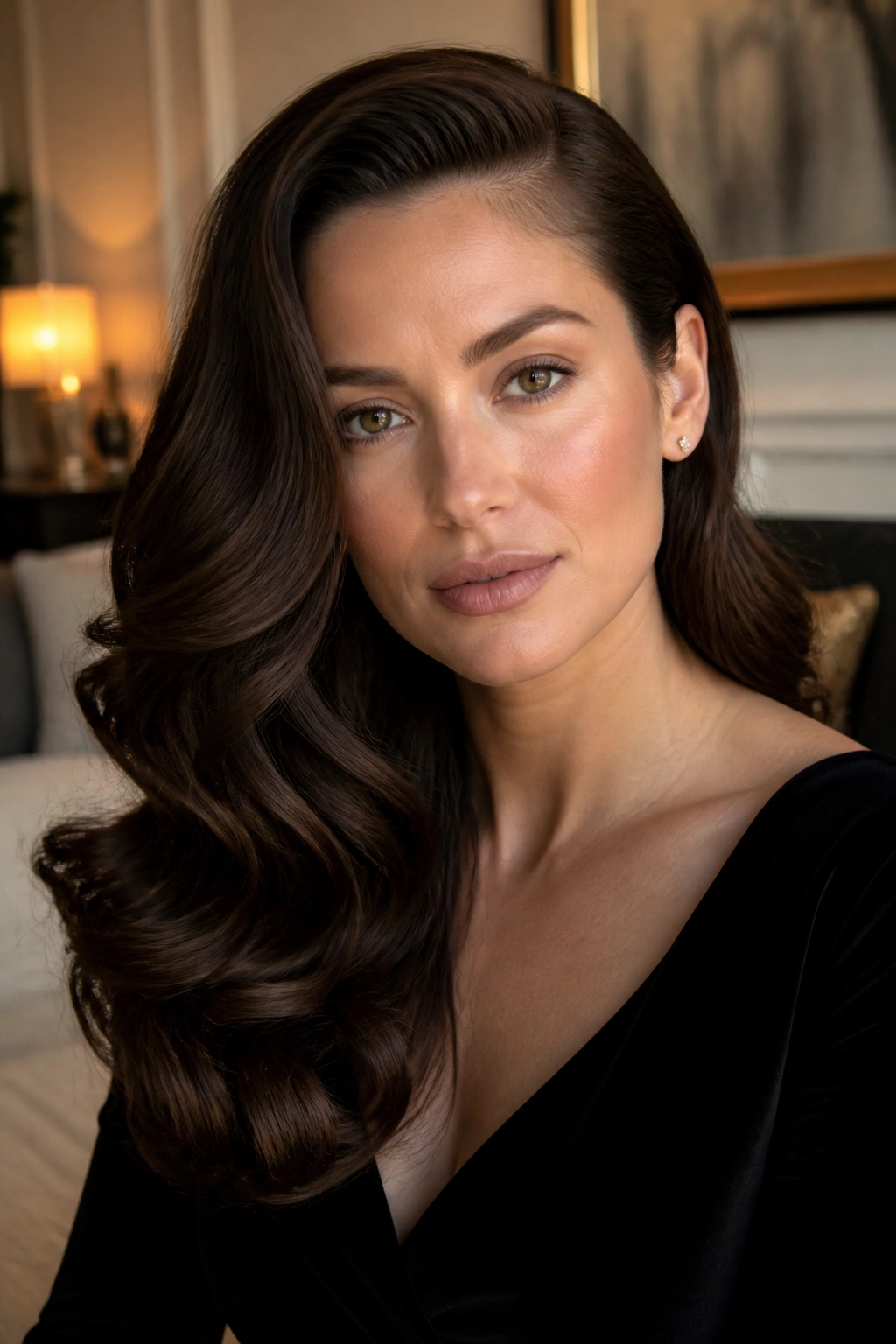 Real woman with deep side-parted Hollywood waves in a warm indoor setting.
