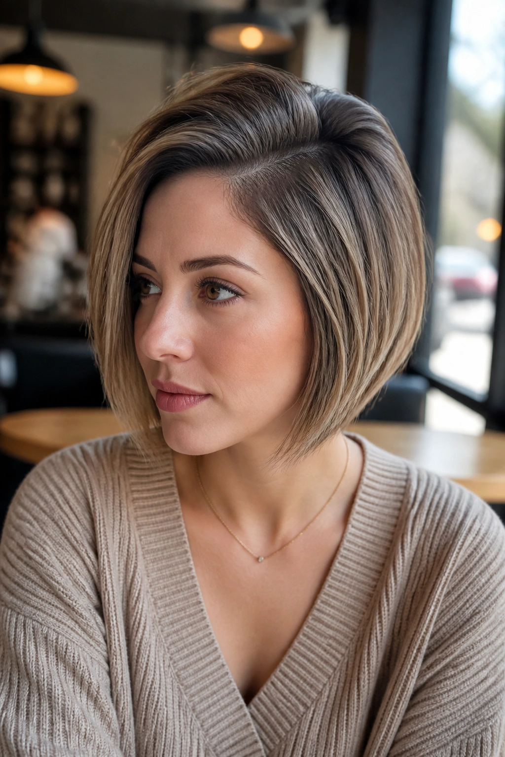 Real woman with deep side-part inverted bob and crown lift.