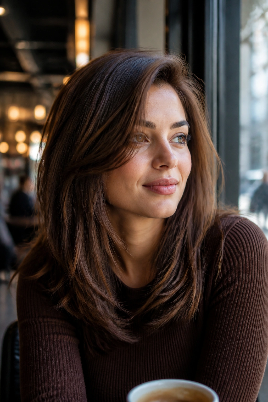 Close-up portrait of a real woman with a Deep Side-Part Layered Cut in brown hair