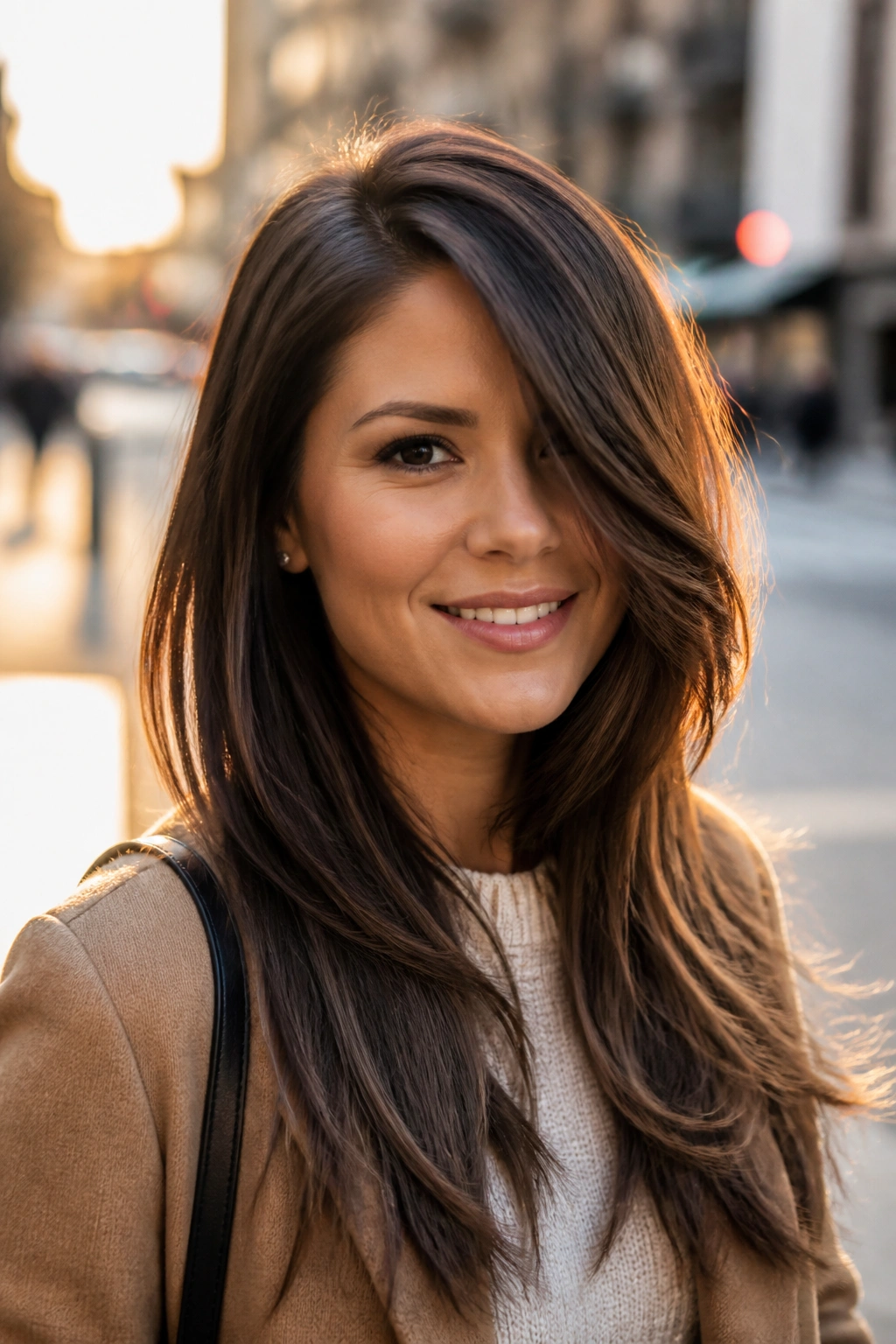 Close-up of woman with deep side-part layered cut in urban golden hour light