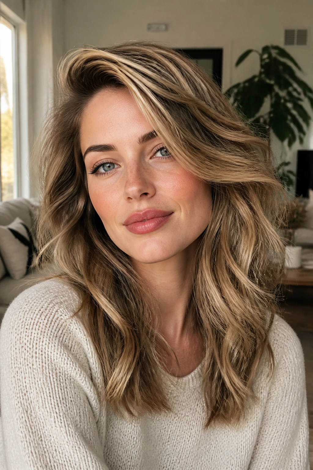 Portrait of a real person with a deep side-parted layered cut.