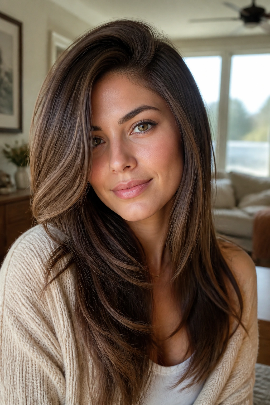 Close-up portrait of a real woman with a deep side part and sweeping layers, lit by warm window light.