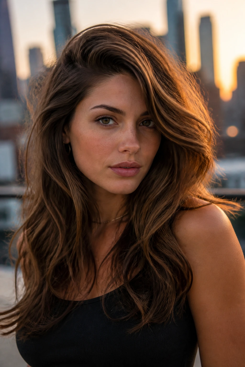 Portrait of woman with deep side-part and layered ends on rooftop at golden hour