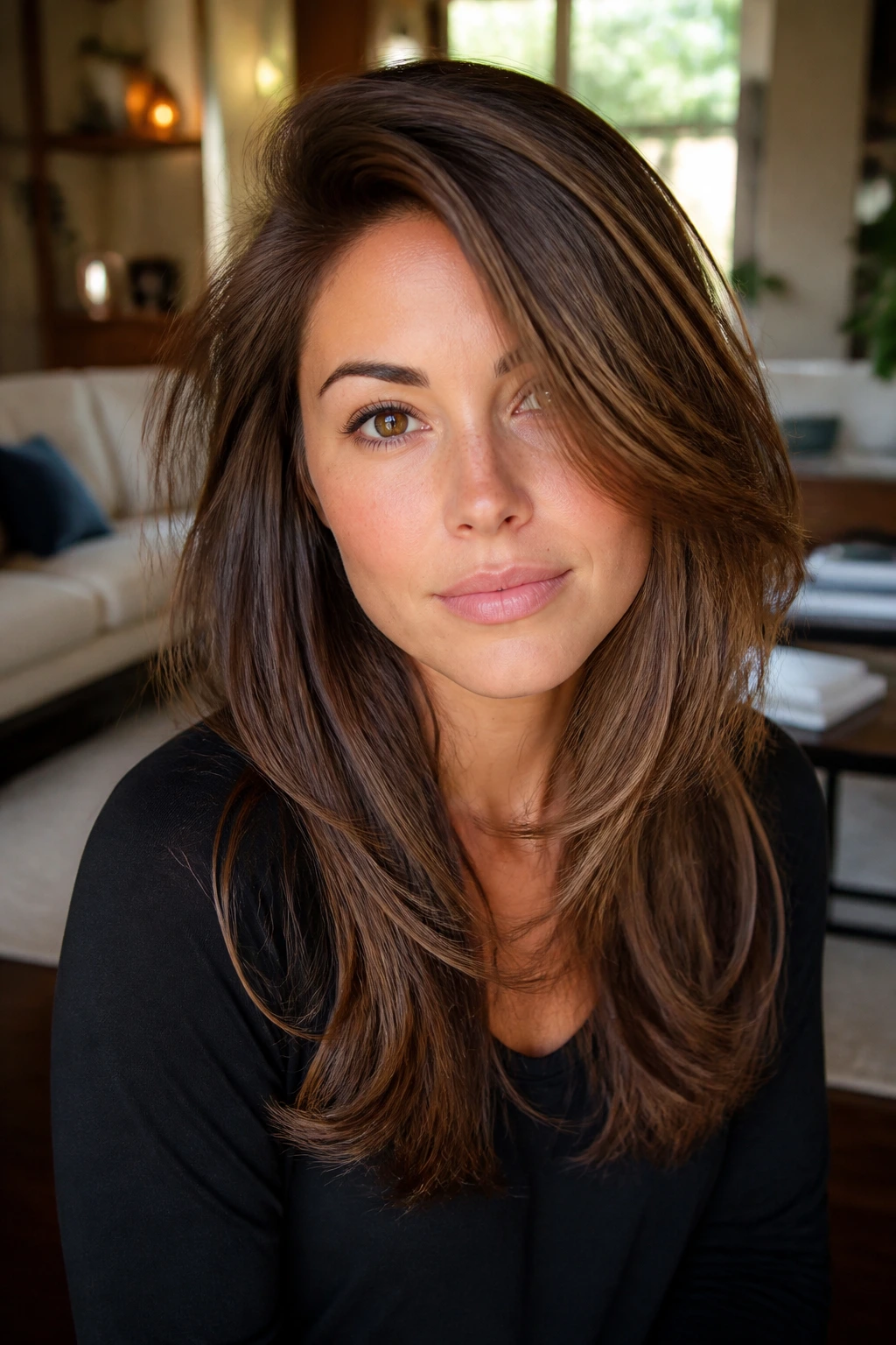 Close-up of a real woman showing a deep side part with layered hair in warm window light.