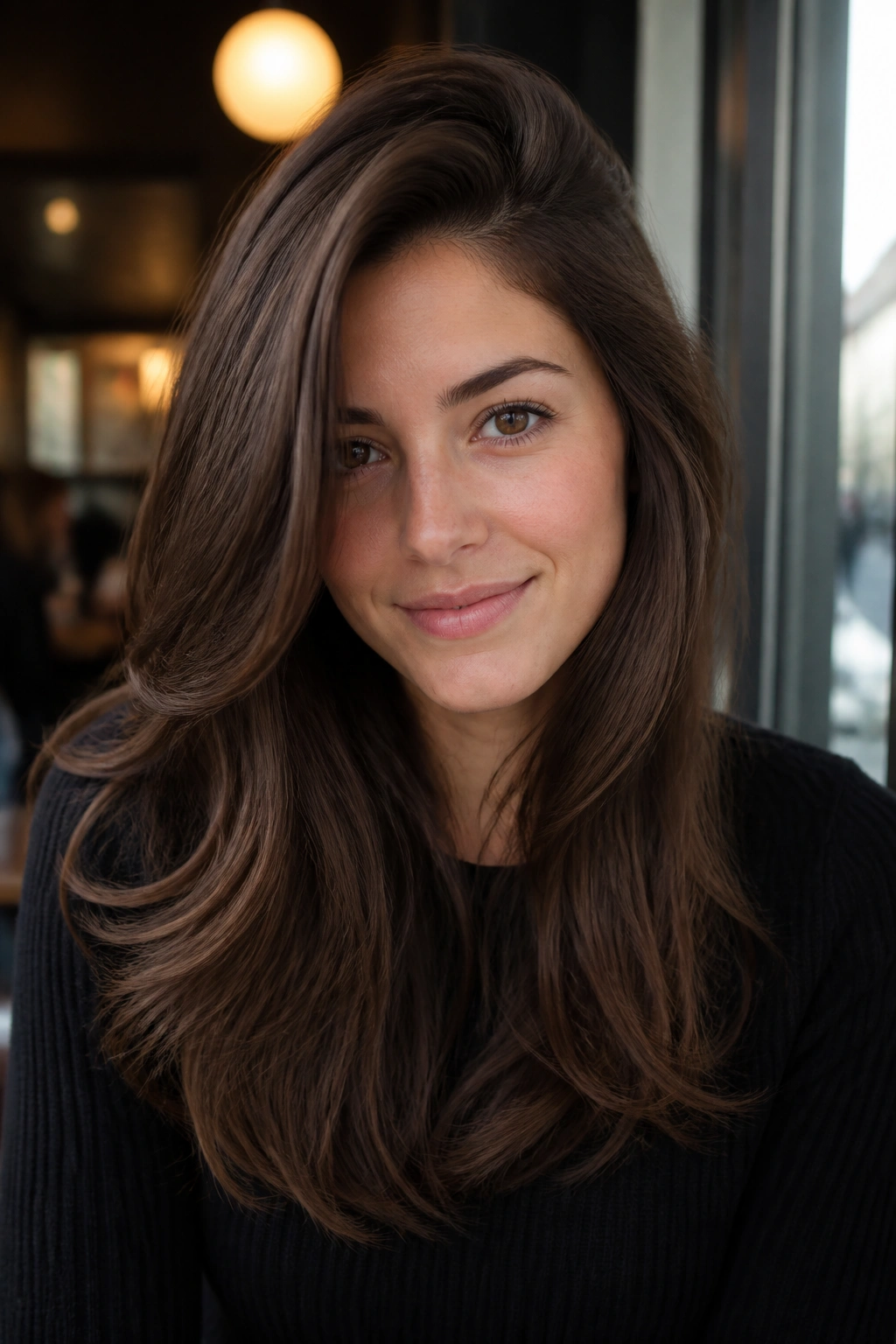 Brunette with deep side part and layered hair