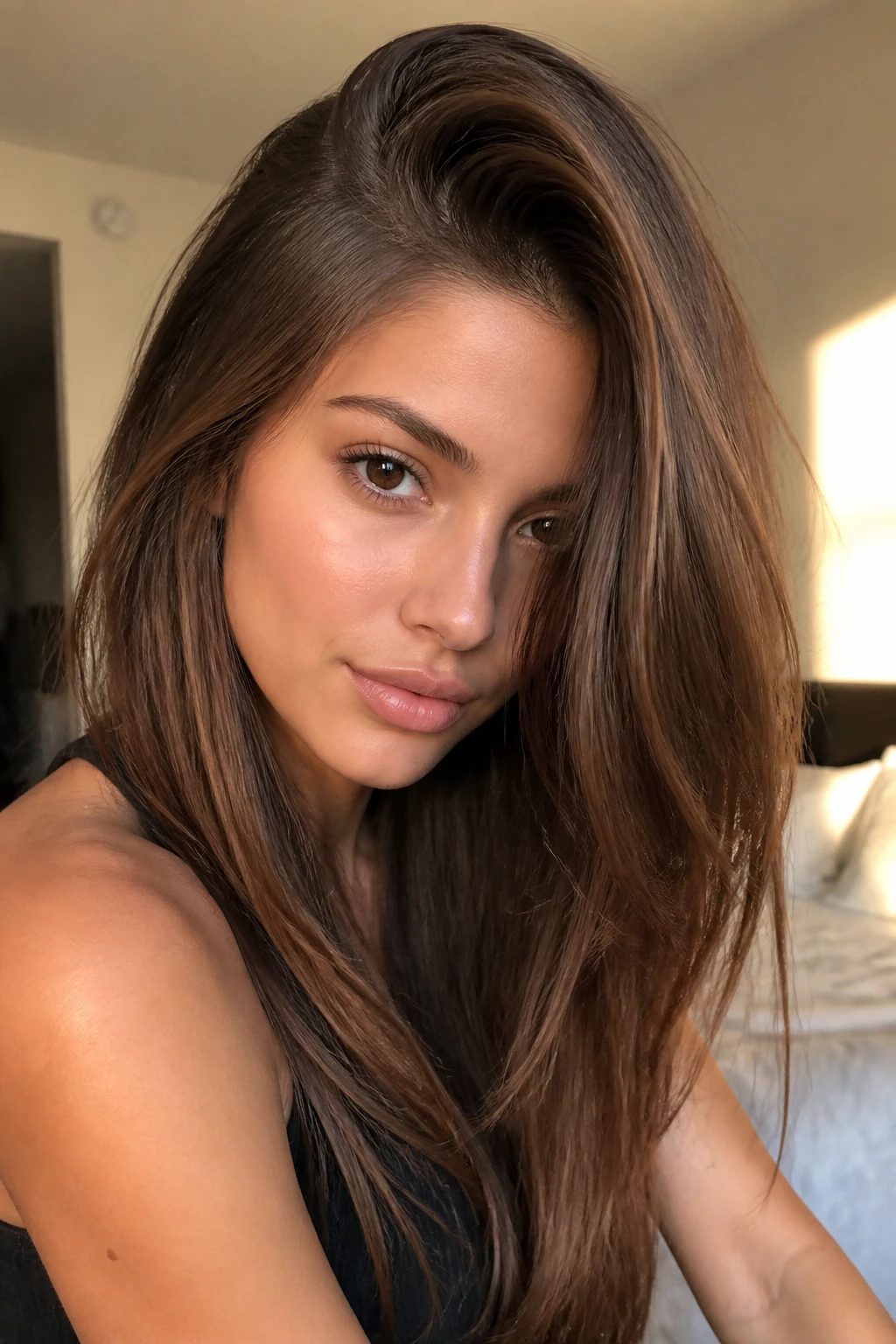 Close-up portrait of a real woman with a deep side part and long layered straight hair