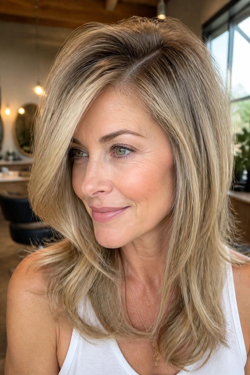 Portrait of a real woman with a deep side-part haircut and crown lift in a warm salon