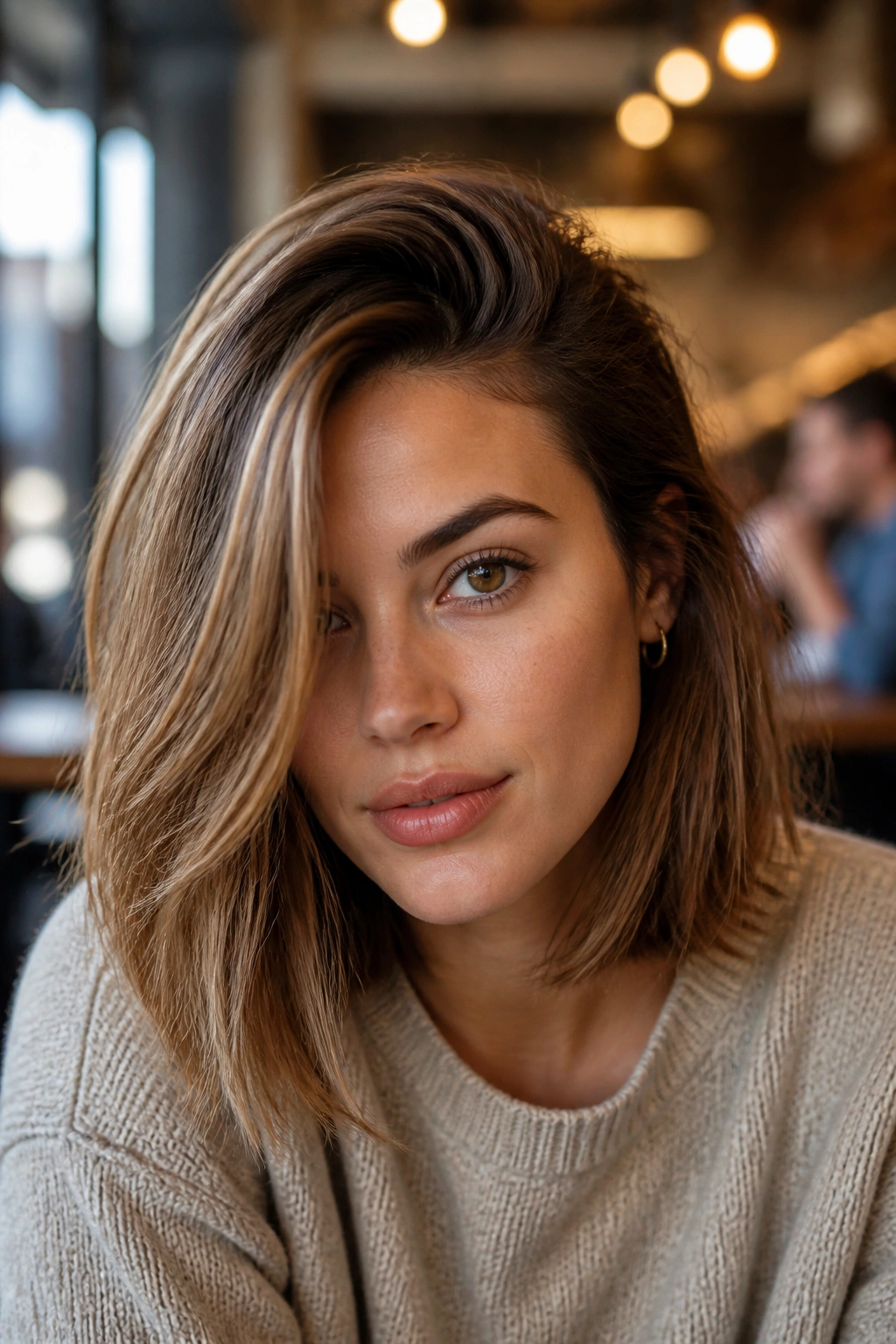 Close-up portrait of a real woman with a deep side-part lob