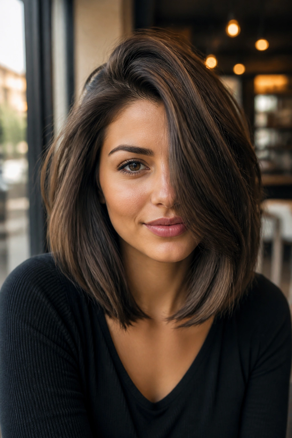 Woman with deep side-part volume lob showing lift