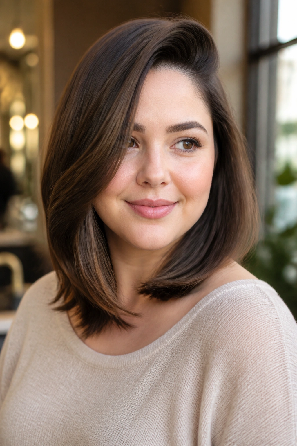 Close-up portrait of a real woman with a deep side-parted lob hairstyle