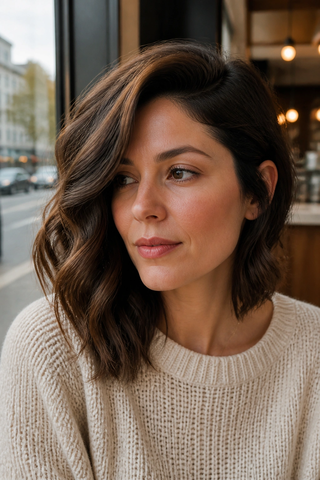 Close-up of a real woman with a deep side-part lob