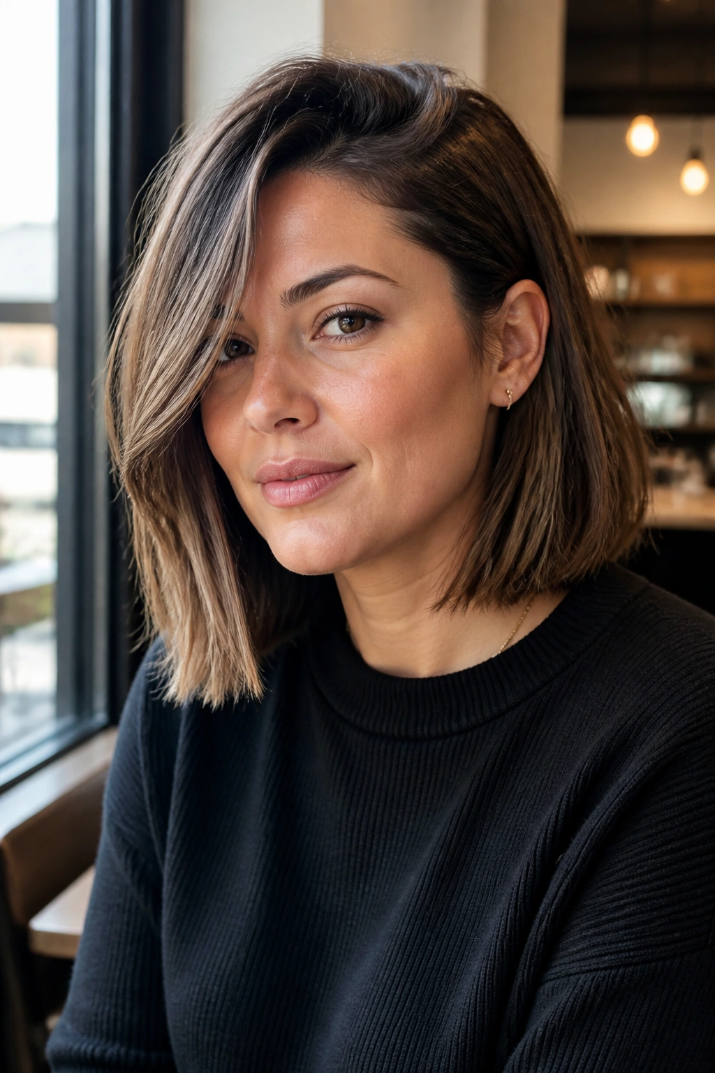 Close-up of a real person with a deep side-part lob at shoulder length in cafe lighting