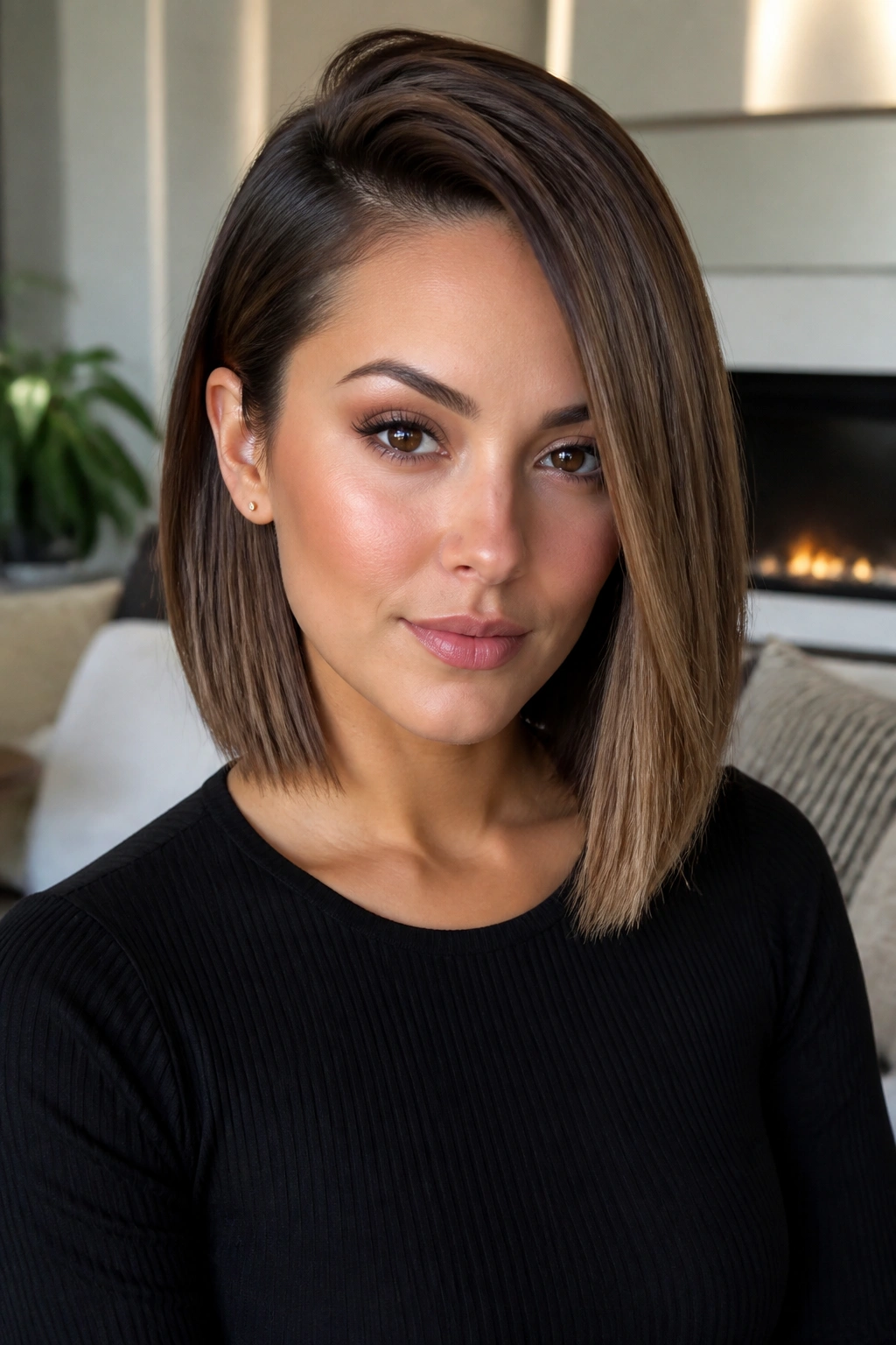 Close-up portrait of a real woman with Deep Side-Part Lob, deep side part long bob.