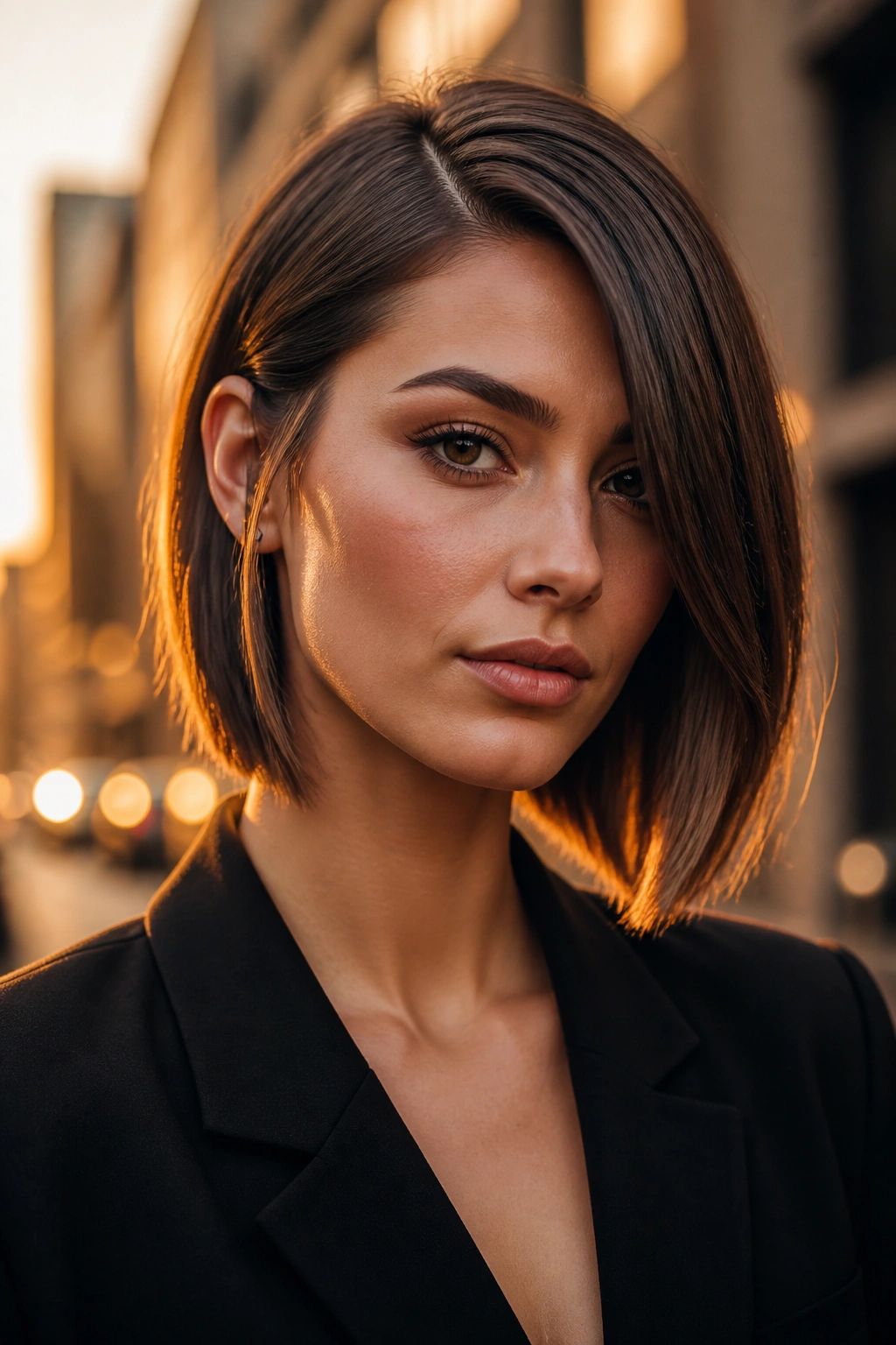 Close-up of real woman with deep side-part lob and asymmetrical sleek hair