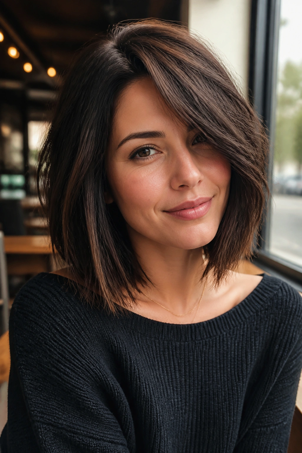 Close-up of a real woman with a deep side-part lob that lengthens the face