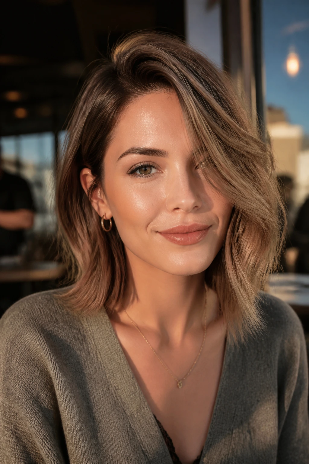 Portrait of a real woman with a deep side part and face-framing pieces