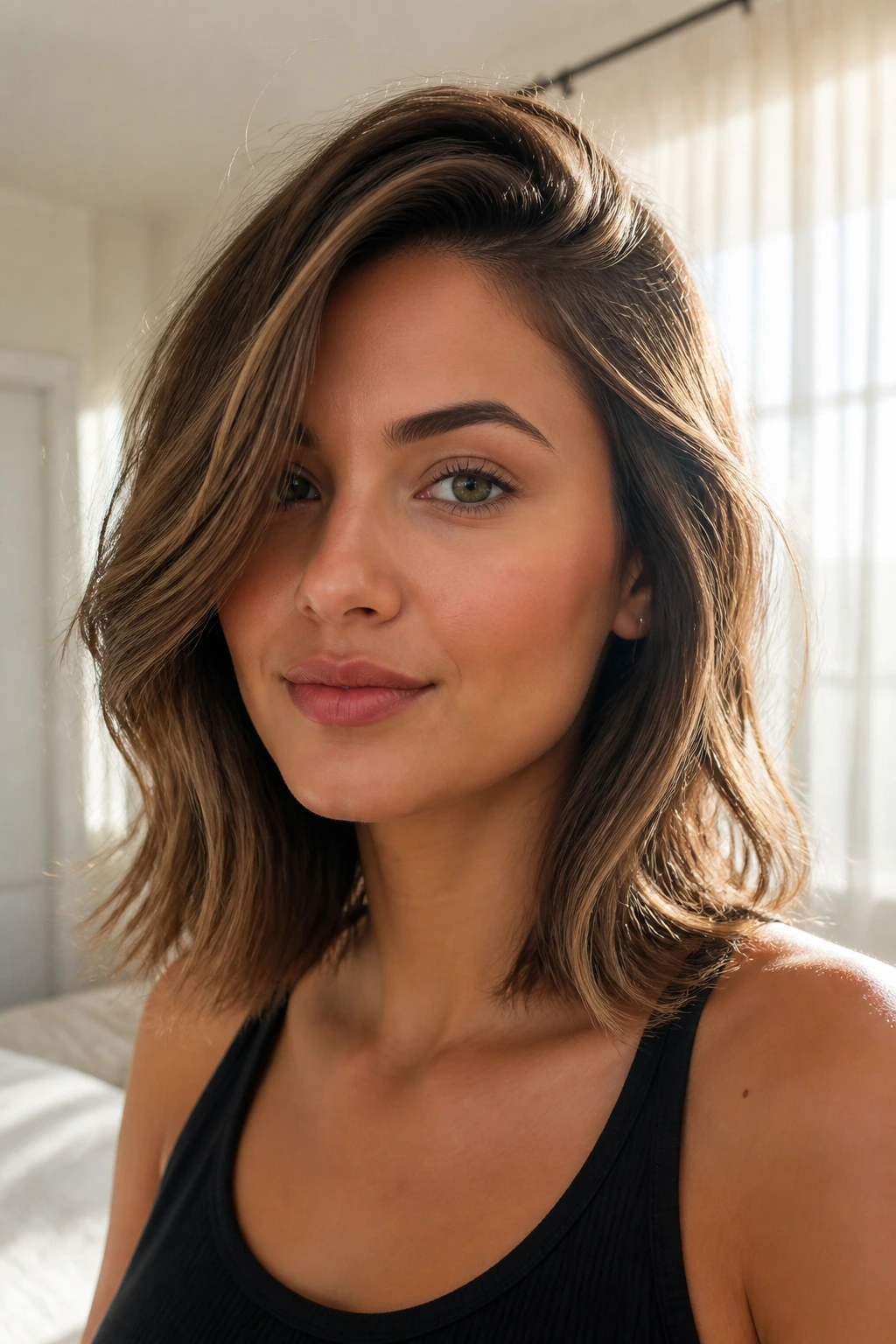 Close-up of a real woman with a deep side-parted lob and face-framing pieces in warm window light.
