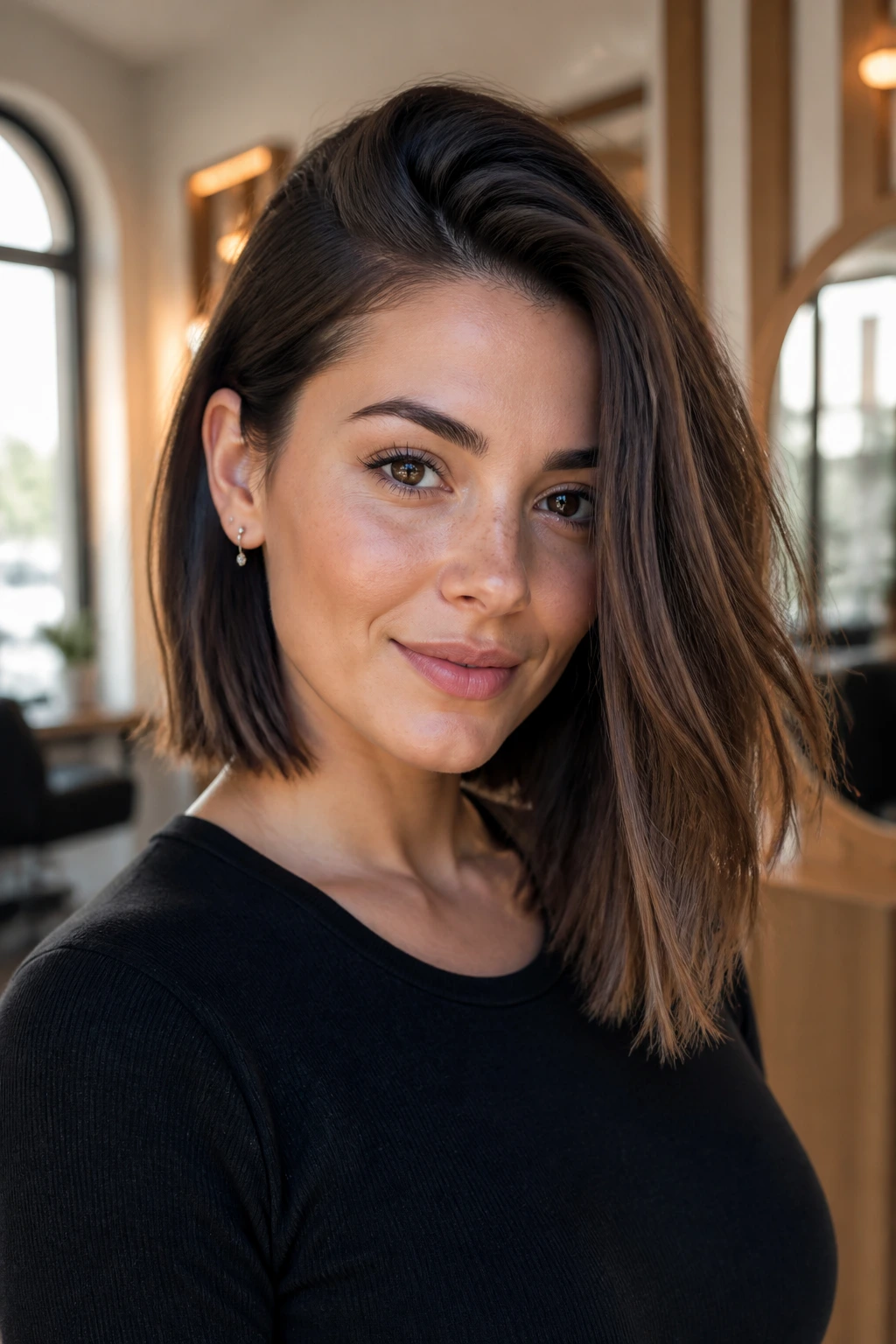Close-up portrait of a woman with a deep side-parted long bob