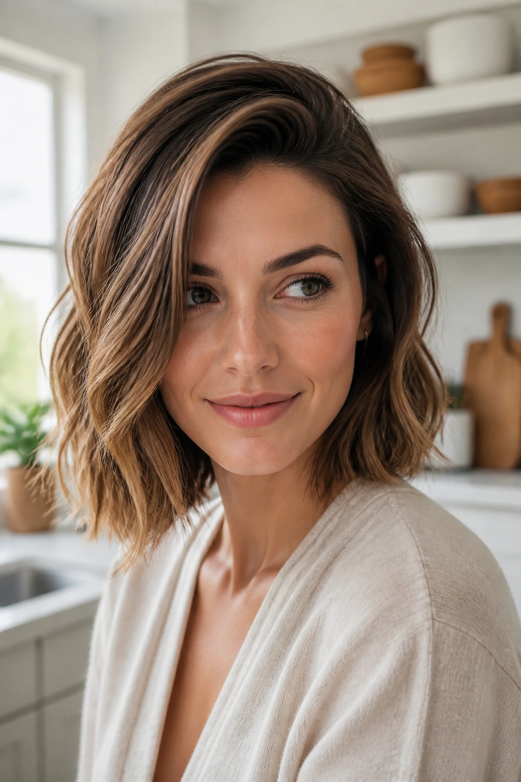 Portrait of a woman with a deep side-part lob and root volume in natural light.