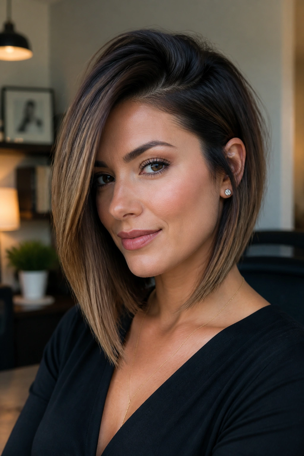 Portrait of a real woman with a deep side-part lob and root lift in warm indoor light