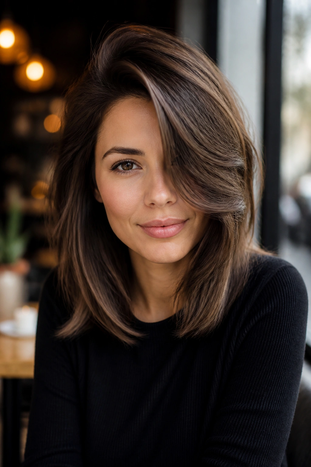 Portrait of a real woman with a deep side-part lob and long sweeps