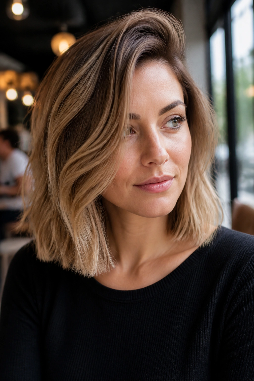 Portrait of a real woman with a deep side-part lob and lifted roots.