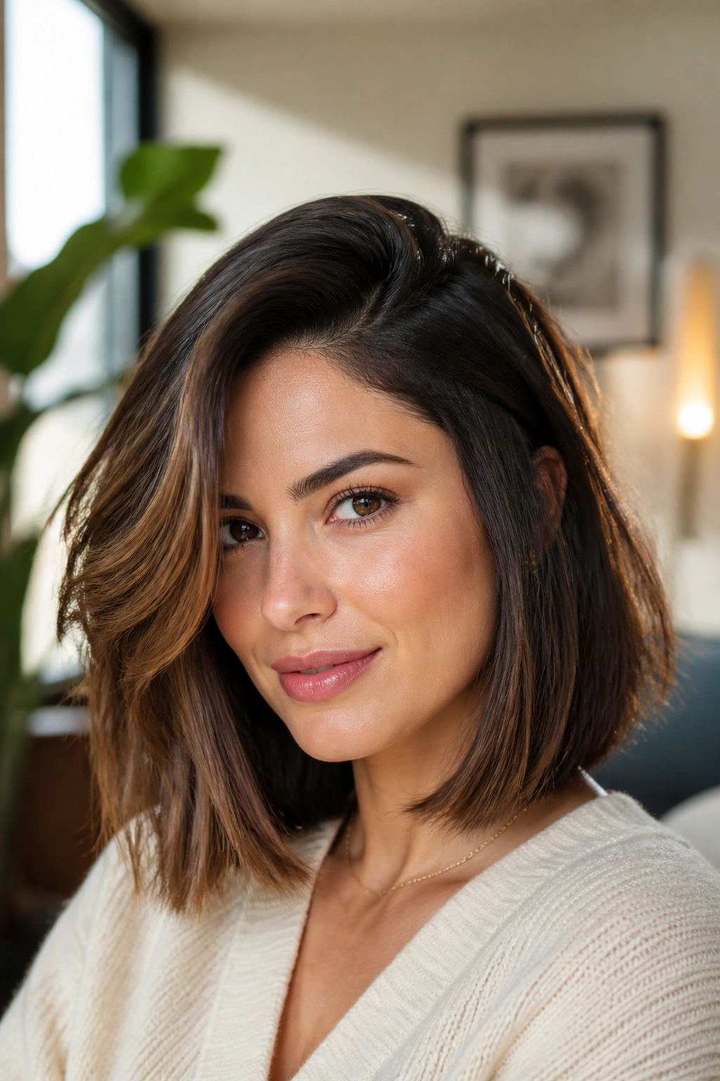 Portrait of a real woman with a deep side-part lob below the chin