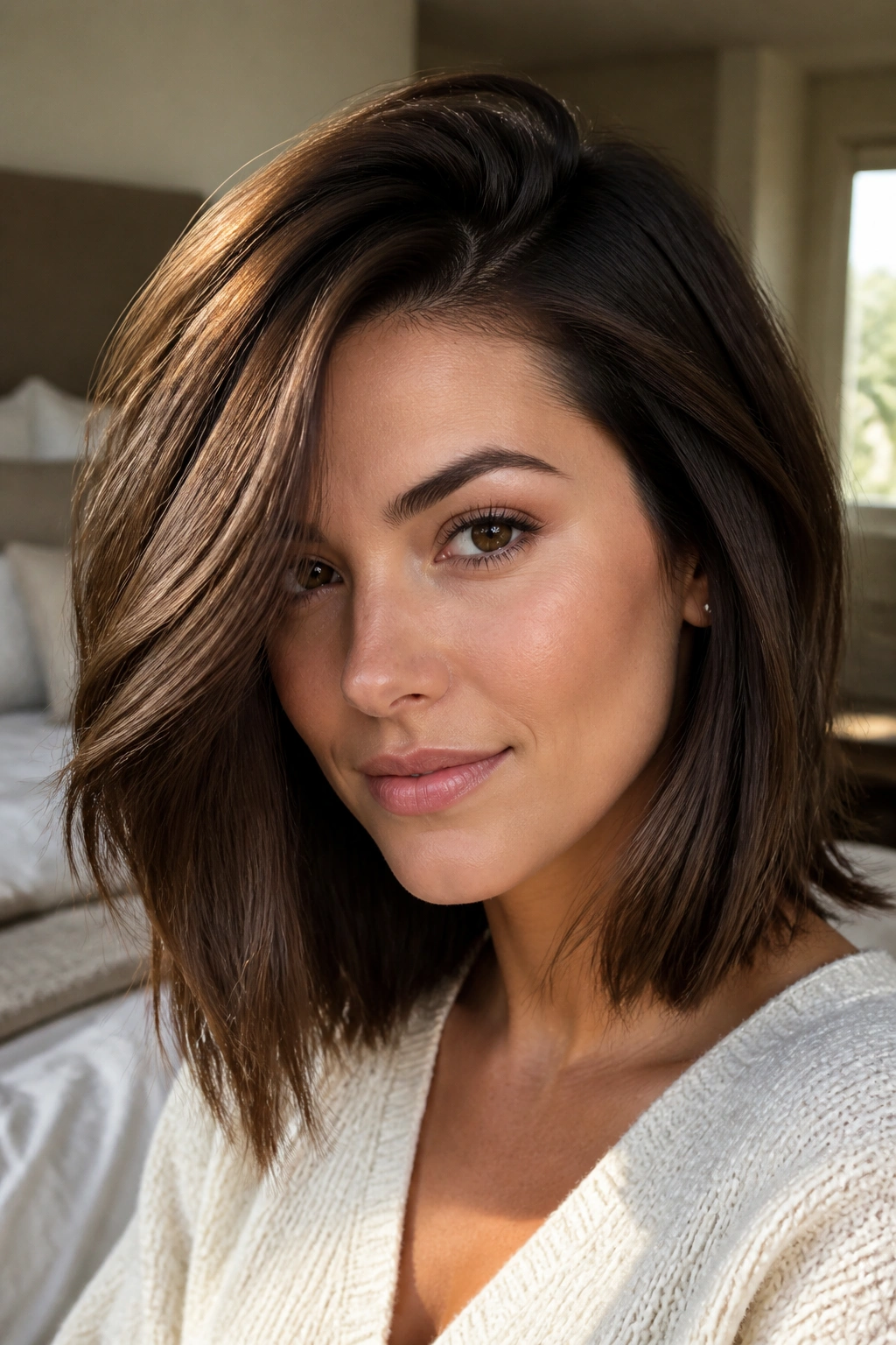 Close-up of a real woman with a deep side-part lob and cheek framing.