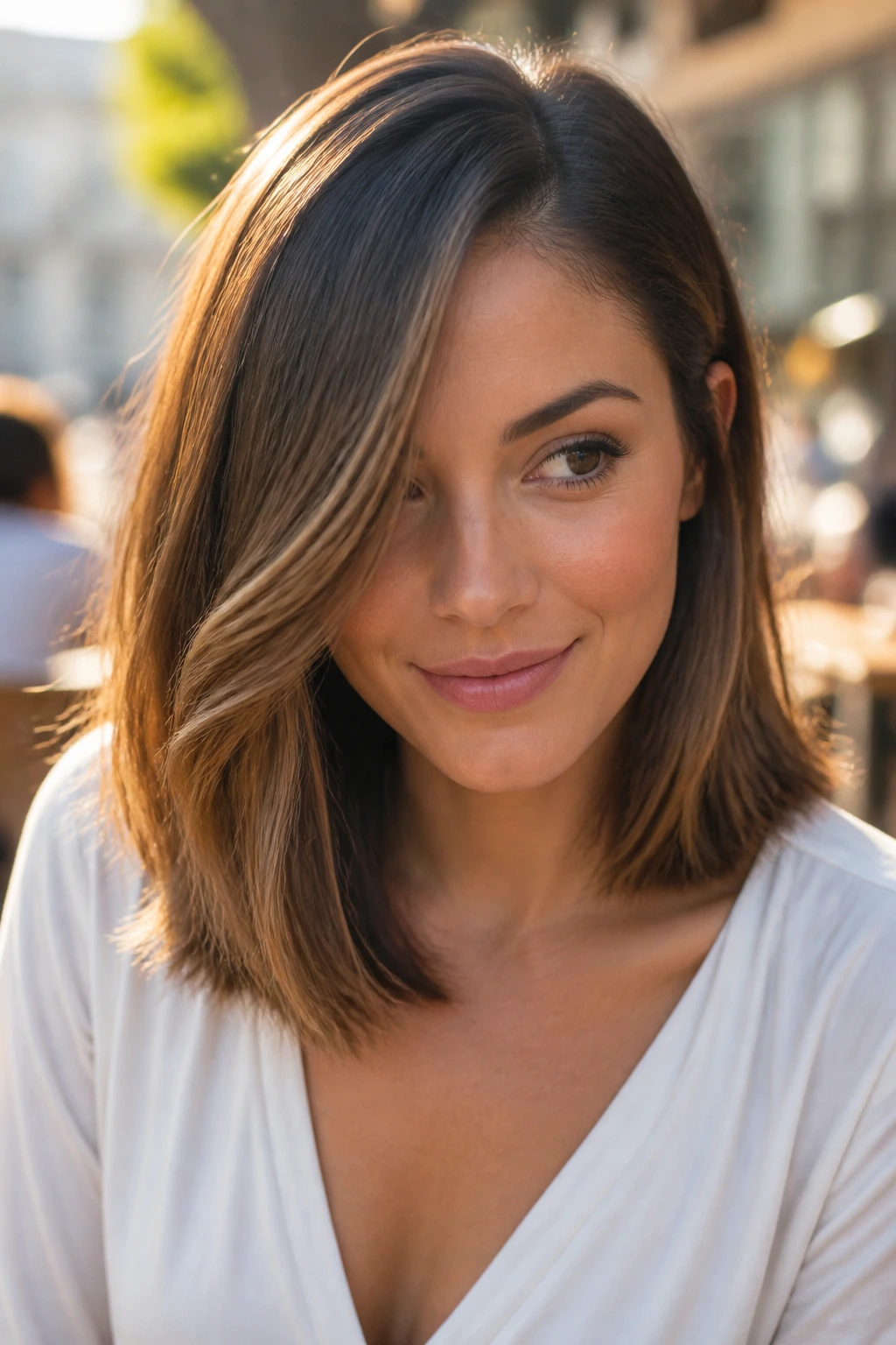 Portrait of a woman with deep side-part lob in natural light.