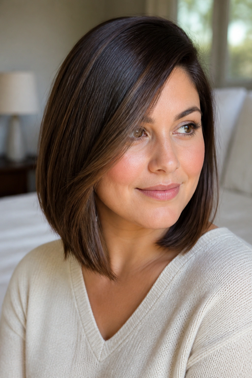 Close-up of a real woman with a deep side-part lob for round faces, in warm window light.