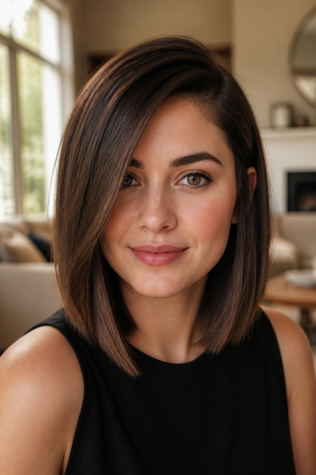 Close-up of a woman with a deep side-part lob at collarbone length, sleek and polished.