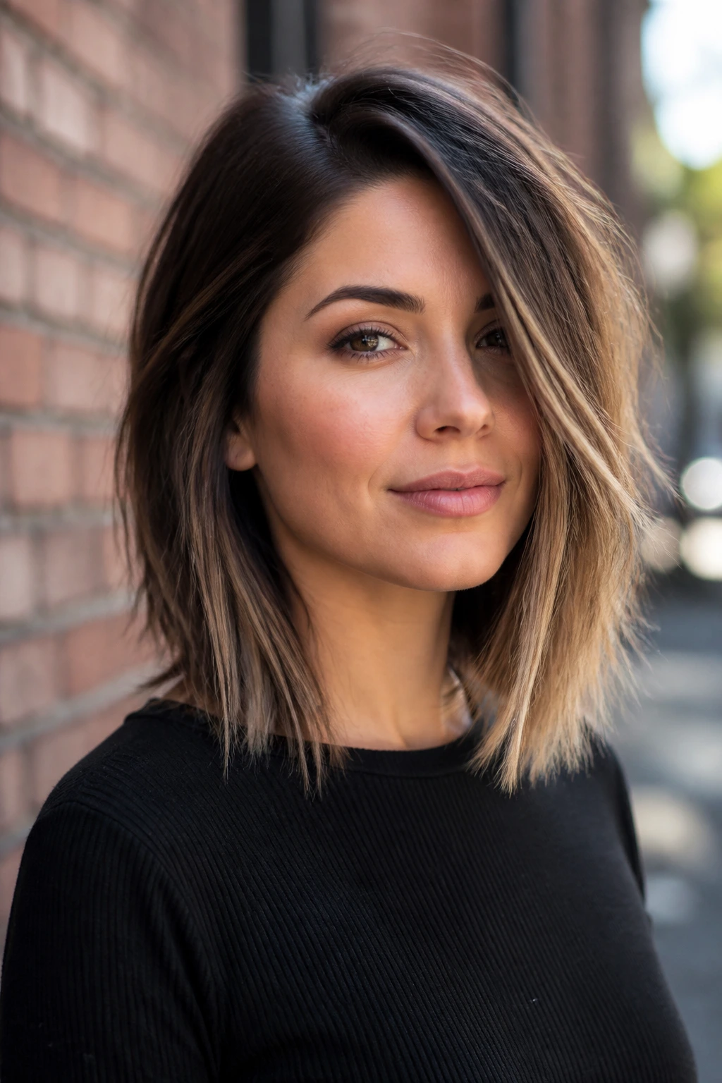 Close-up portrait of a real woman with a deep side-part lob and sliced ends