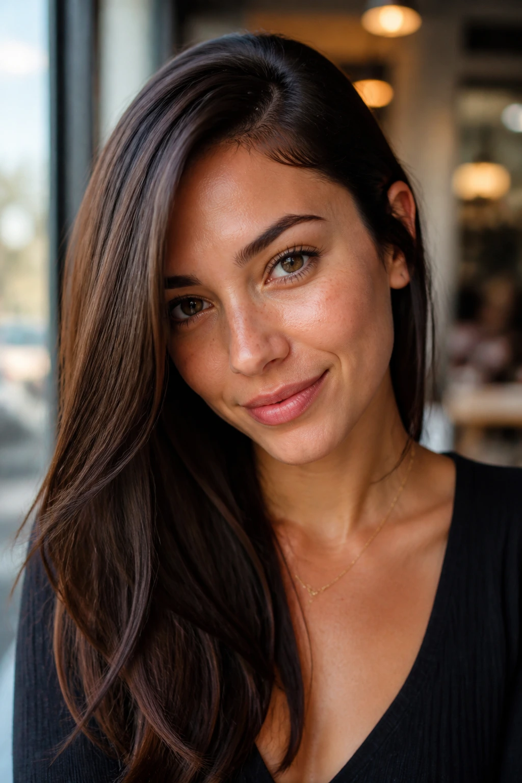 Real woman with deep side-part long cut showing diagonal line along face in daylight.