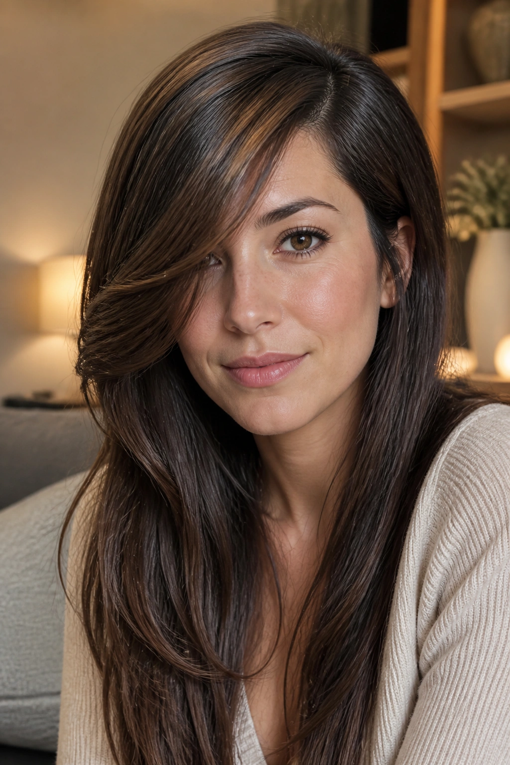 Portrait of a woman with a deep side part and long sweeping fringe.