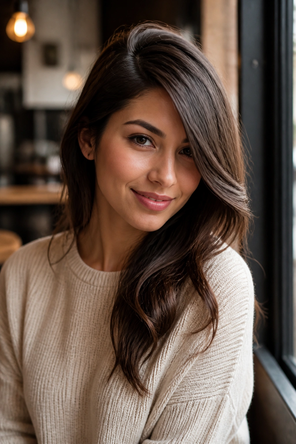 Portrait of a real woman with a deep side part and a long diagonal fringe.