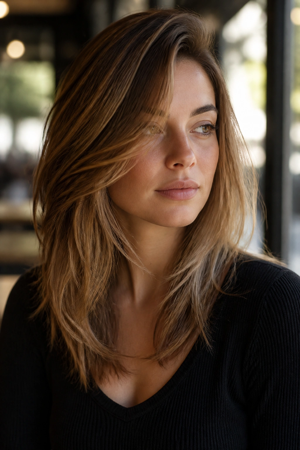 Portrait of a real woman with a deep side part and long front layers.