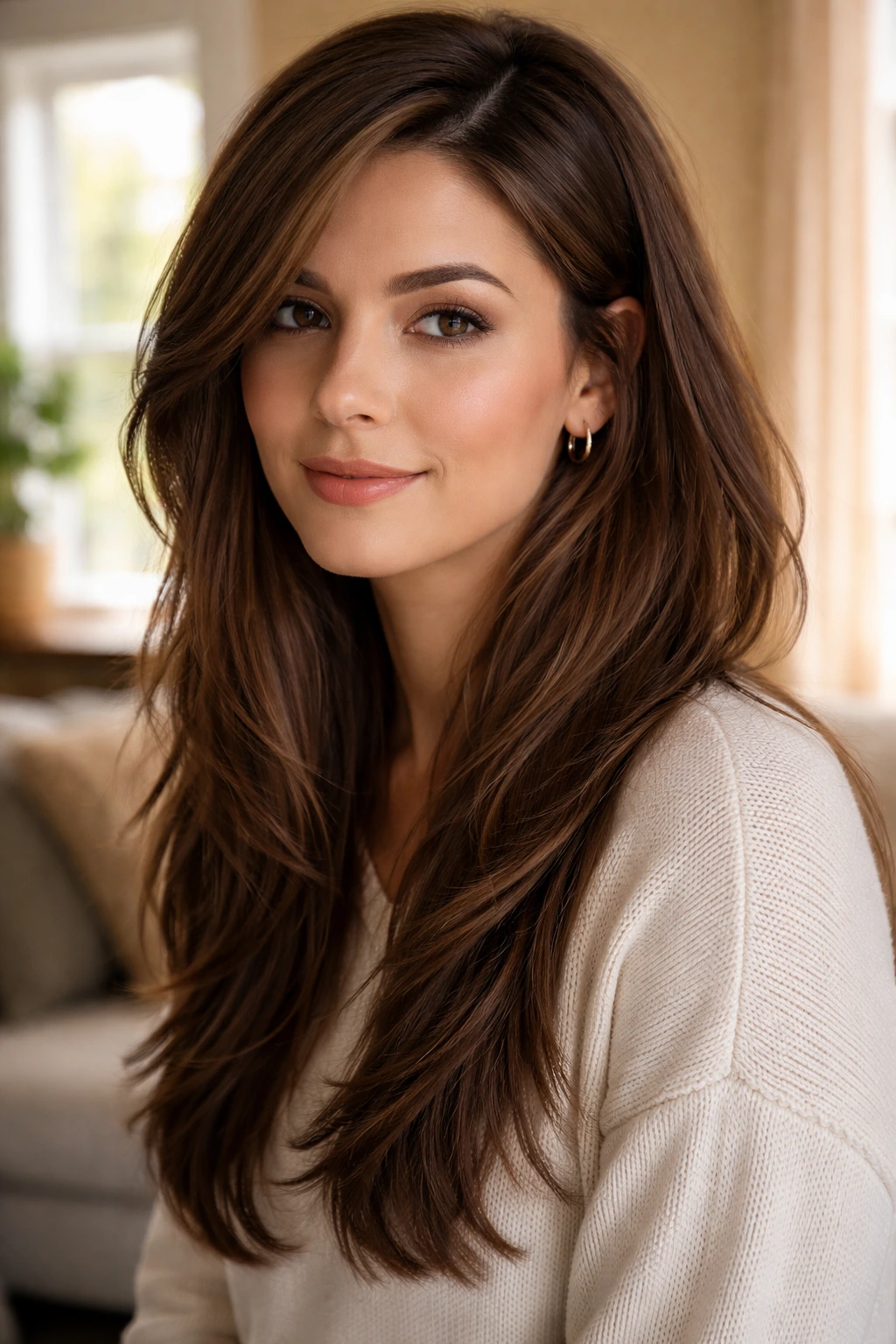 Portrait of a woman with a deep side part and long layers in brown hair