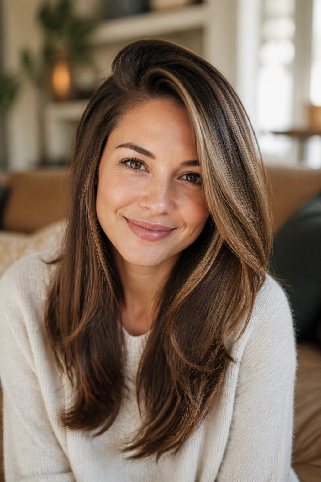 Close-up of a real person with a deep side part and long layered hair.