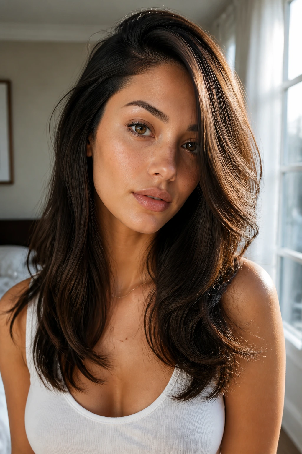 Real woman with a deep side part and long layers in a sunlit bedroom.