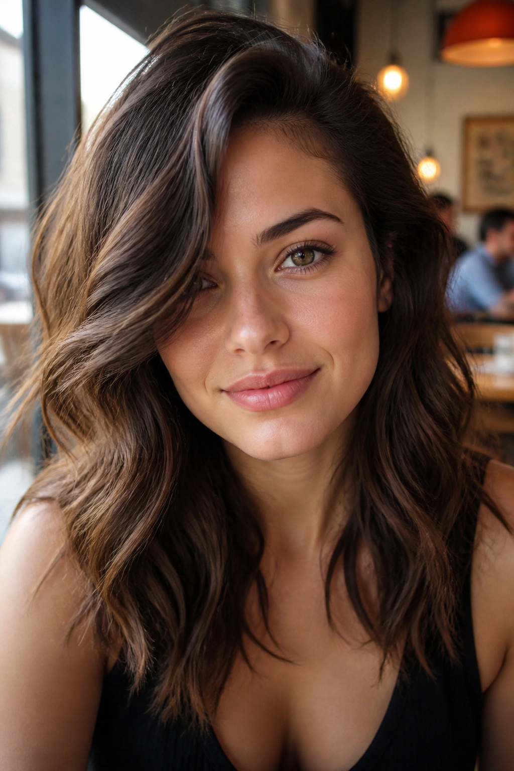 Portrait of a real woman with a deep side part and loose waves.